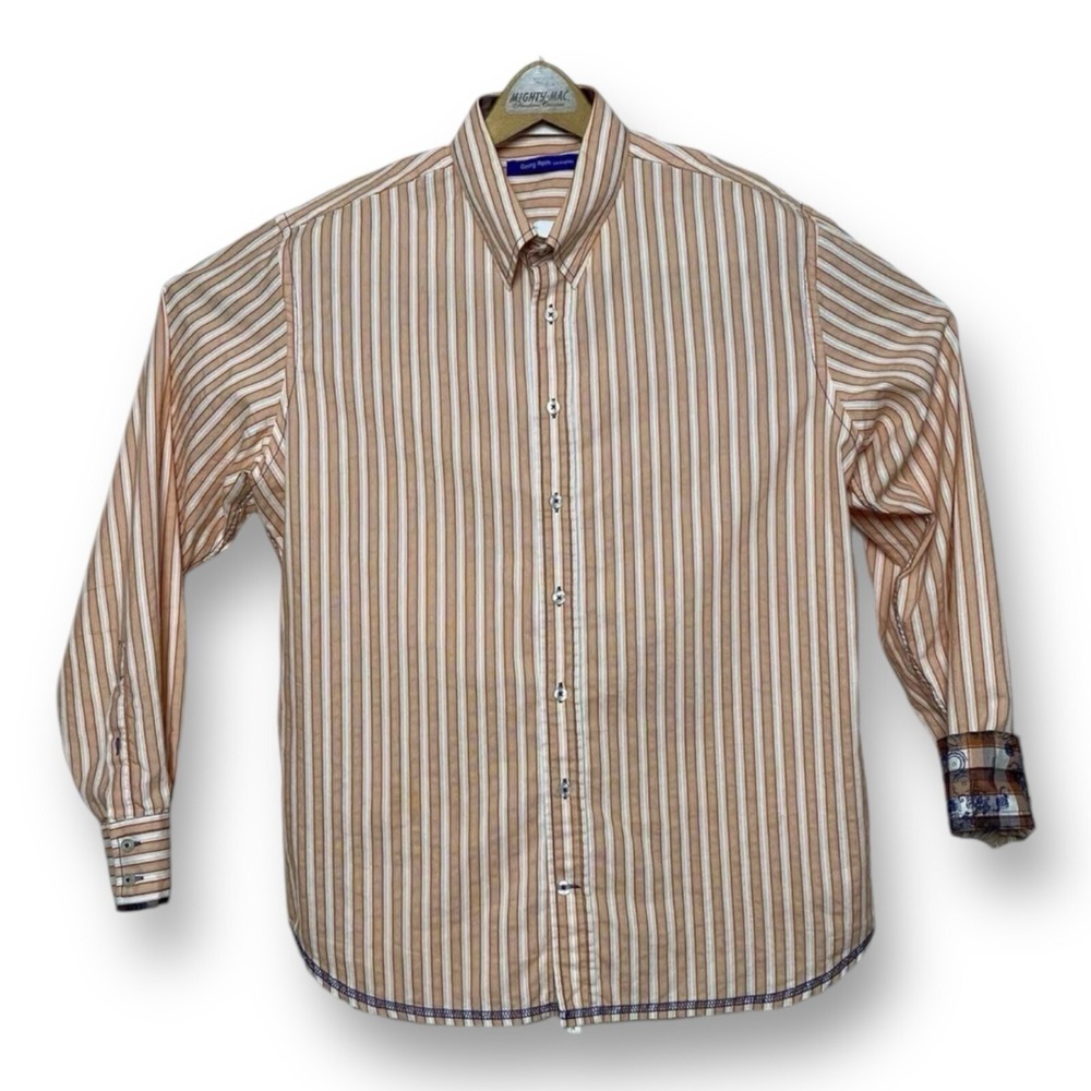 Georg Roth Los Angeles Orange White‎ Stripe Ctn Poly Button Down w/ Flip Cuff XL